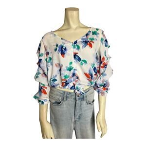 Floral Puff Sleeve Womens Blouse Shirt Top Ruched Cottage Romantic Crop XS